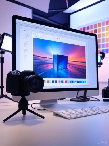 A computer monitor displays a colorful digital art project titled 'Cube' in a modern workspace with photography equipment.