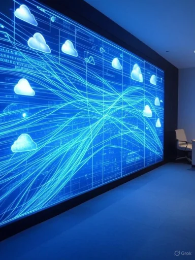A digital display shows cloud icons connected by blue lines, representing cloud computing or data networks.