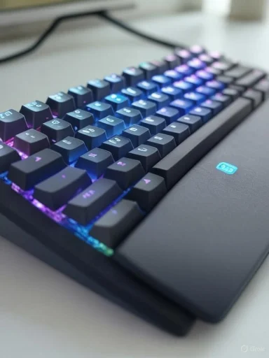 A close-up of an RGB backlit mechanical keyboard on a desk.