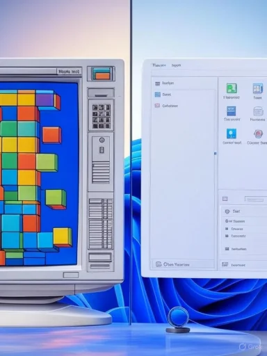 A split image of a vintage computer screen with colorful Tetris blocks on the left and a modern digital interface on the right.