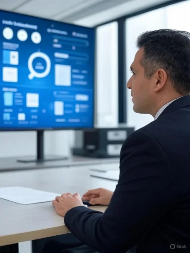 A businessman analyzing data on a large screen in a modern office setting.