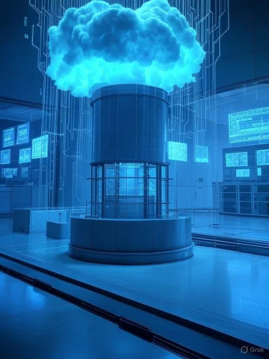 A futuristic server or data center with a cloud-shaped energy source emitting light above a cylindrical structure.