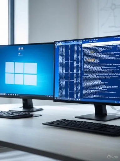 Two computer monitors on a white desk display a Windows desktop and a screen filled with code or data. Two computer monitors on a white desk display a Windows desktop and a screen filled with code or data.
