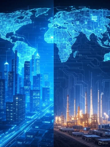 Digital cityscape on the left and industrial factory with pollution on the right, connected by a global digital network.