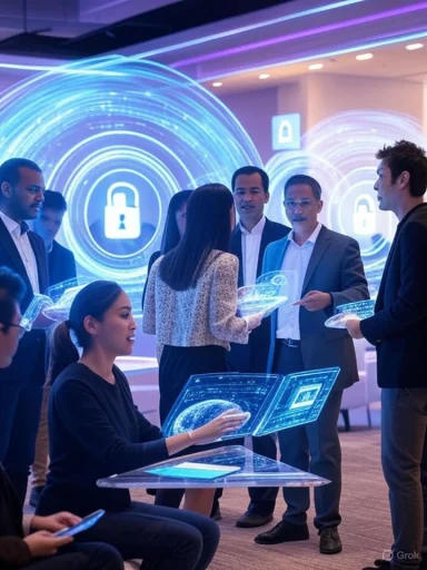 Business professionals discuss cybersecurity using holographic displays in a high-tech conference.