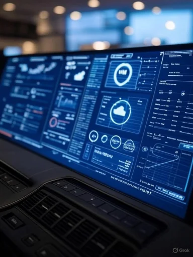 A close-up of a computer screen displaying futuristic data visualizations and analytics in a dark, modern office.