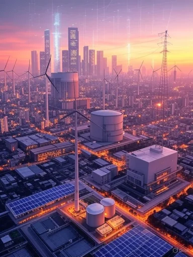 Cityscape with wind turbines and solar panels during sunset, highlighting renewable energy infrastructure. Cityscape with wind turbines and solar panels during sunset, highlighting renewable energy infrastructure.
