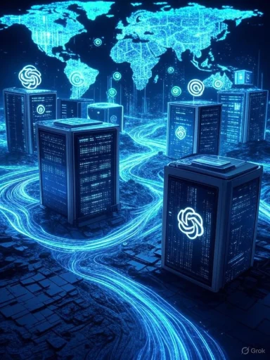 Futuristic data centers with glowing circuits connect around a digital world map, symbolizing global network infrastructure.