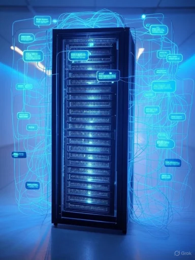 A data server surrounded by digital holograms and glowing blue lines representing data flow and connectivity.