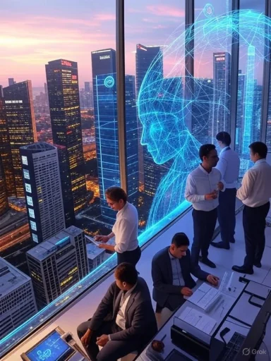 Business professionals in a high-rise office with digital cityscape and AI head hologram on the glass window.