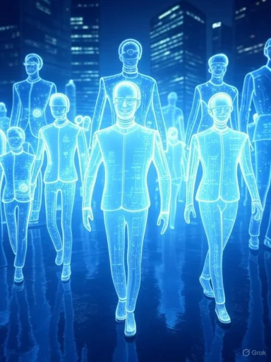 Futuristic digital holograms of businesspeople walking in a cityscape, glowing blue with city skyscrapers in the background. Futuristic digital holograms of businesspeople walking in a cityscape, glowing blue with city skyscrapers in the background.