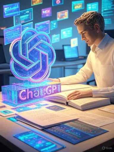 A man studies documents at a desk with holographic ChatGPT and digital interface projections around him.