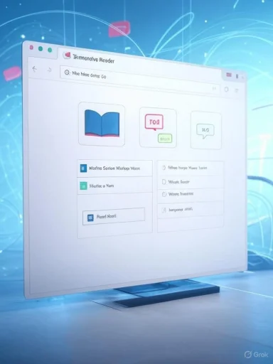 A computer screen displays a language learning app with vocabulary icons and options on a futuristic digital background.