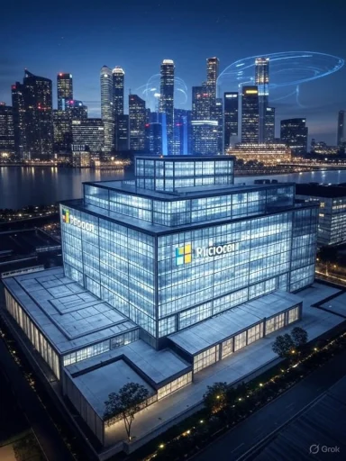 A brightly lit modern office building with the 'PICCOCE' logo stands against a city skyline at night, with futuristic light trails in the sky.