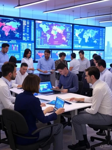 Team of professionals analyzing global data on large digital screens in a high-tech control room.