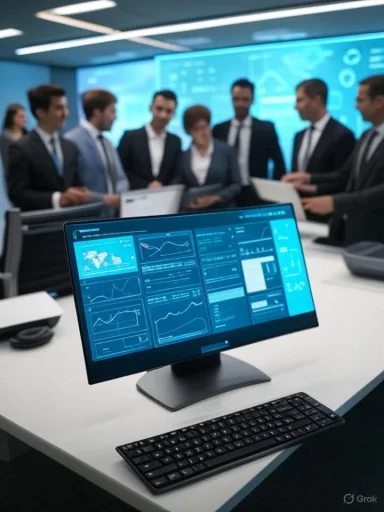 Business professionals discuss data analytics in a high-tech conference room.