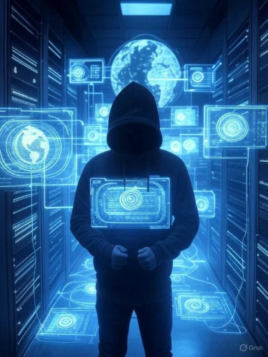 A hooded person stands in a server room with holographic displays of Earth and data, creating a futuristic cyber-hacker scene.