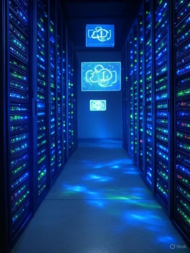 Server racks illuminated by blue and green lights in a data center corridor with cloud icons on screens.