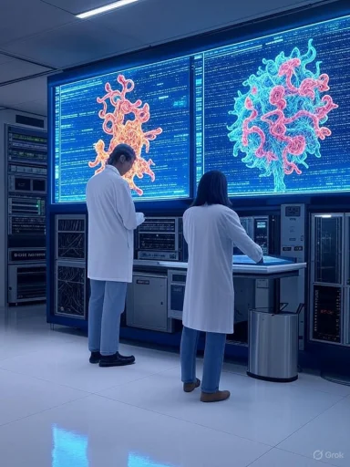 Scientists analyze viral structures on digital screens in a high-tech lab setting.