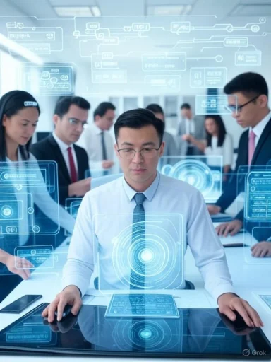 Business professionals analyze digital interfaces and data visualizations in a modern technology-driven office.