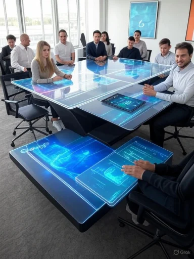 A futuristic business meeting with holographic digital displays projected on the table.