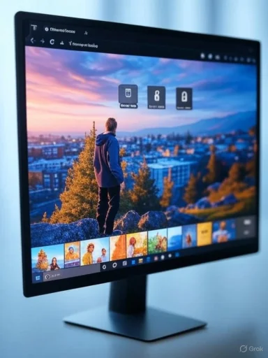 A computer monitor displaying a photo editing interface with a person looking at a scenic sunset view outside.