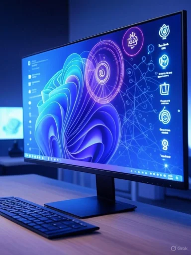 A modern computer monitor displays a futuristic digital interface with network and app icons against a blue background.