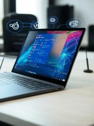 A laptop on a desk displays digital data and futuristic holographic icons above, suggesting advanced technology. A laptop on a desk displays digital data and futuristic holographic icons above, suggesting advanced technology.
