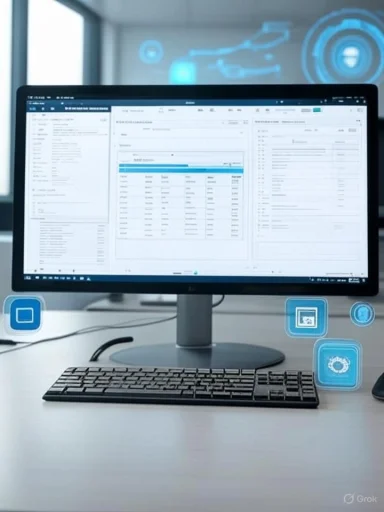 A desktop computer displays a detailed data management or analysis interface in a modern office setting.