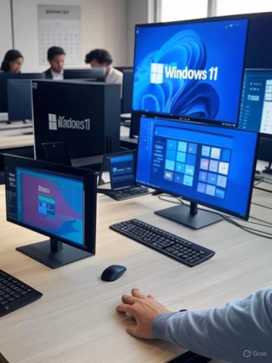 Multiple monitors displaying Windows 11 interface in a computer lab with people working in the background.