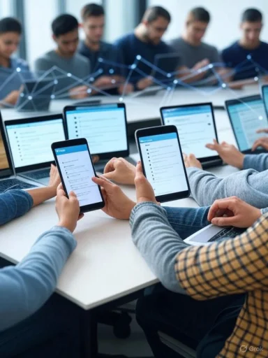 Group of people using multiple devices, with digital network graphics overlay, in a modern work environment.