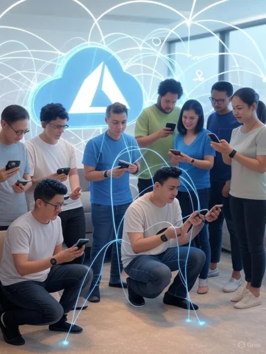 Group of diverse young adults using smartphones with digital connection graphics and a cloud icon background.