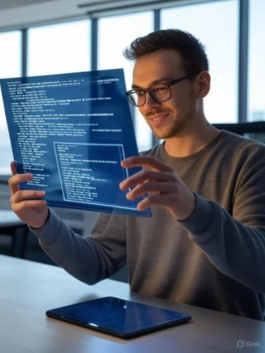 A man in glasses examines a transparent digital interface with code in a modern office setting.