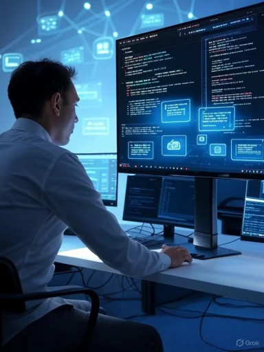 A man working on cybersecurity or programming at a multi-monitor station with digital code and data visuals.