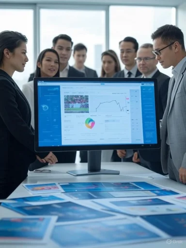 A group of professionals analyzing data on a large computer monitor during a business presentation.