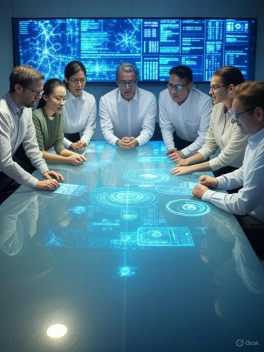 Team analysis in a futuristic control room with holographic interfaces and digital displays. Team analysis in a futuristic control room with holographic interfaces and digital displays.
