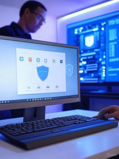 A person working on cybersecurity or data protection in a high-tech, secure environment with multiple monitors.