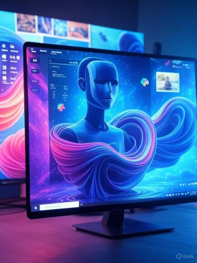 A computer monitor displays a futuristic digital portrait of a humanoid robot with colorful abstract waves in a high-tech environment.
