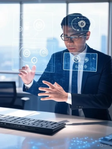 A businessman interacts with futuristic holographic digital interface in an office setting.