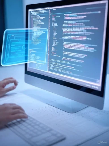A person working on cybersecurity or software coding with holographic data displays on a desktop computer.