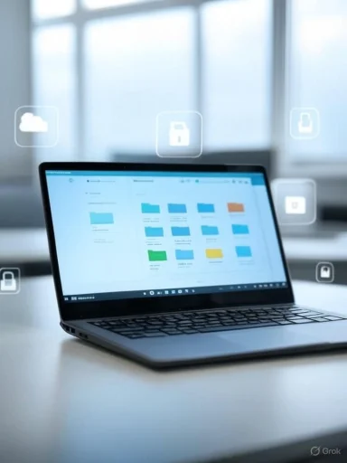 A laptop displays a digital organizer or project management tool with colorful folders, set in a bright office environment.