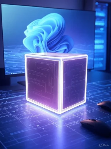 A glowing, futuristic cube with circuit patterns sits on a digital workspace, illuminated in purple and blue hues.