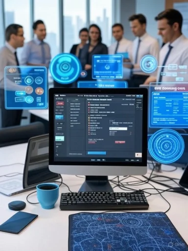 A team of professionals analyzing data on futuristic holographic displays in a modern office setting.