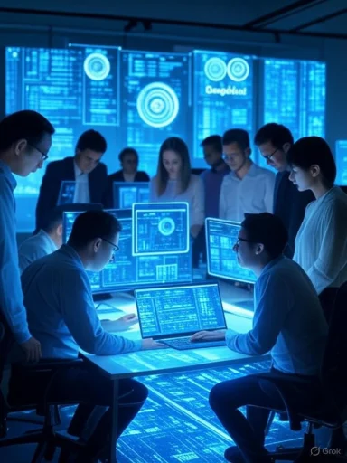 A team of professionals collaborates in a high-tech command center with multiple screens displaying data and analytics. A team of professionals collaborates in a high-tech command center with multiple screens displaying data and analytics.