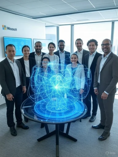 Team of professionals gathered around a futuristic holographic digital interface in a modern office. Team of professionals gathered around a futuristic holographic digital interface in a modern office.