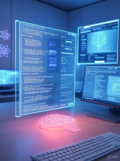 Futuristic workspace with holographic screens displaying coding and brain graphics, emphasizing AI and neuroscience.