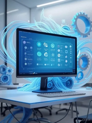 A futuristic computer setup with holographic blue technological elements and gears, creating a high-tech, sci-fi ambiance.