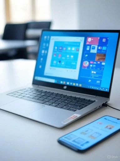 A laptop and smartphone on a white desk in a bright office setting.