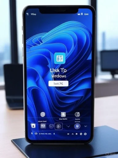 A smartphone displays a Windows 11 login screen with a blue abstract background and various icons.