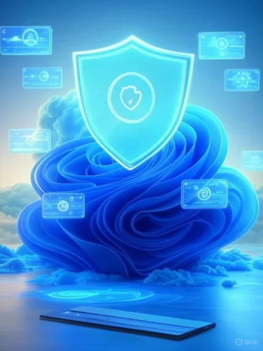 A digital shield icon floats above animated clouds and holographic screens, symbolizing cloud security and protection.